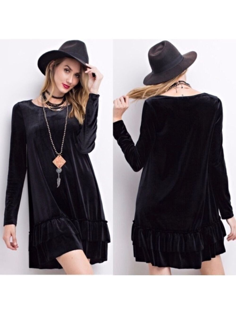 EASEL crew neck long sleeve velvet mini ruffle dress tunic holiday evening party